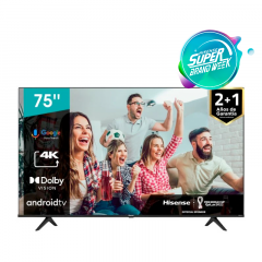 Hisense TV de 75/Smart TV 4K Android OS//HDMI-3 + 1 ARC/Ethernet/Wifi-AC/Bluetooth/DTS/ (2 años de Garantia)