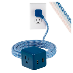 REGLETA Jasco Cordinate 3-Outlet 2-USB 10ft. Braided Extension Cord Cube, Azul