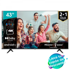 Hisense TV de 43"/Smart TV/4K/Android SO//DVB-T/ HDMI-2 + 1 ARC/USB-2/Ethernet/Wifi-AC/Bluetooth/DTS/ (2 años de Garantia)